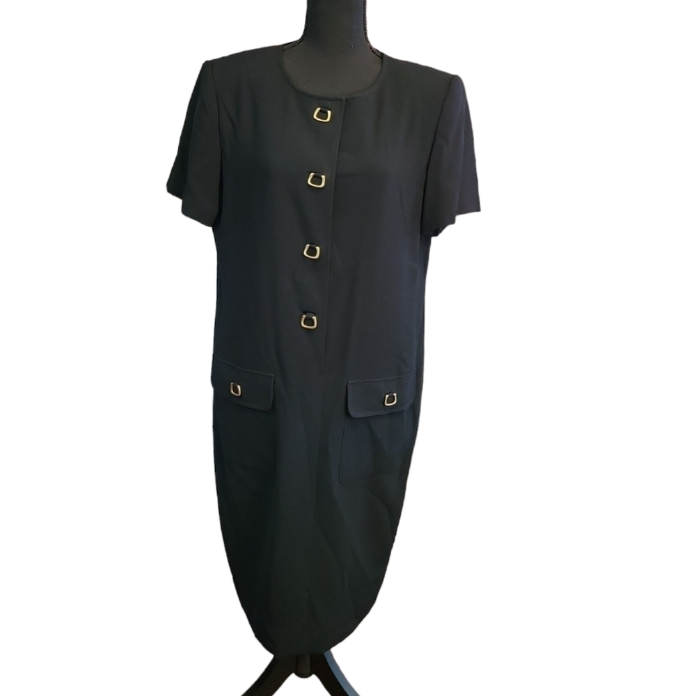 Liz Claiborne 80's Vintage Overlap Button up Dress Black Triacetate/poly Size 8